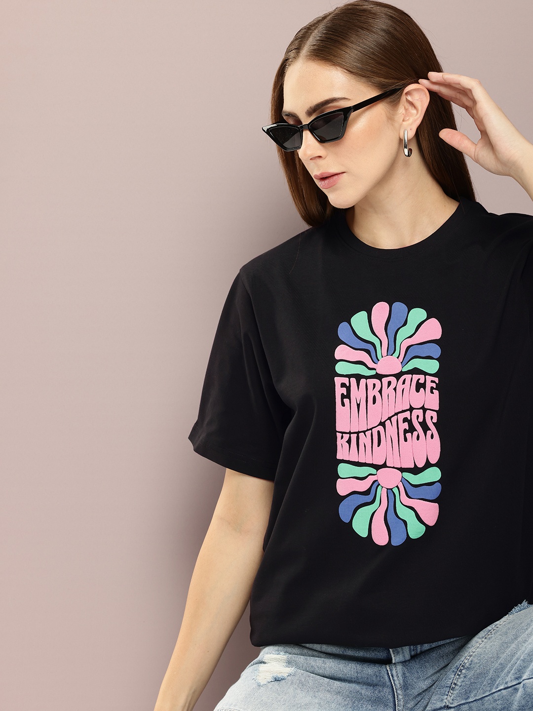 

DILLINGER Women Graphic Printed Embossed Oversized T-shirt, Black