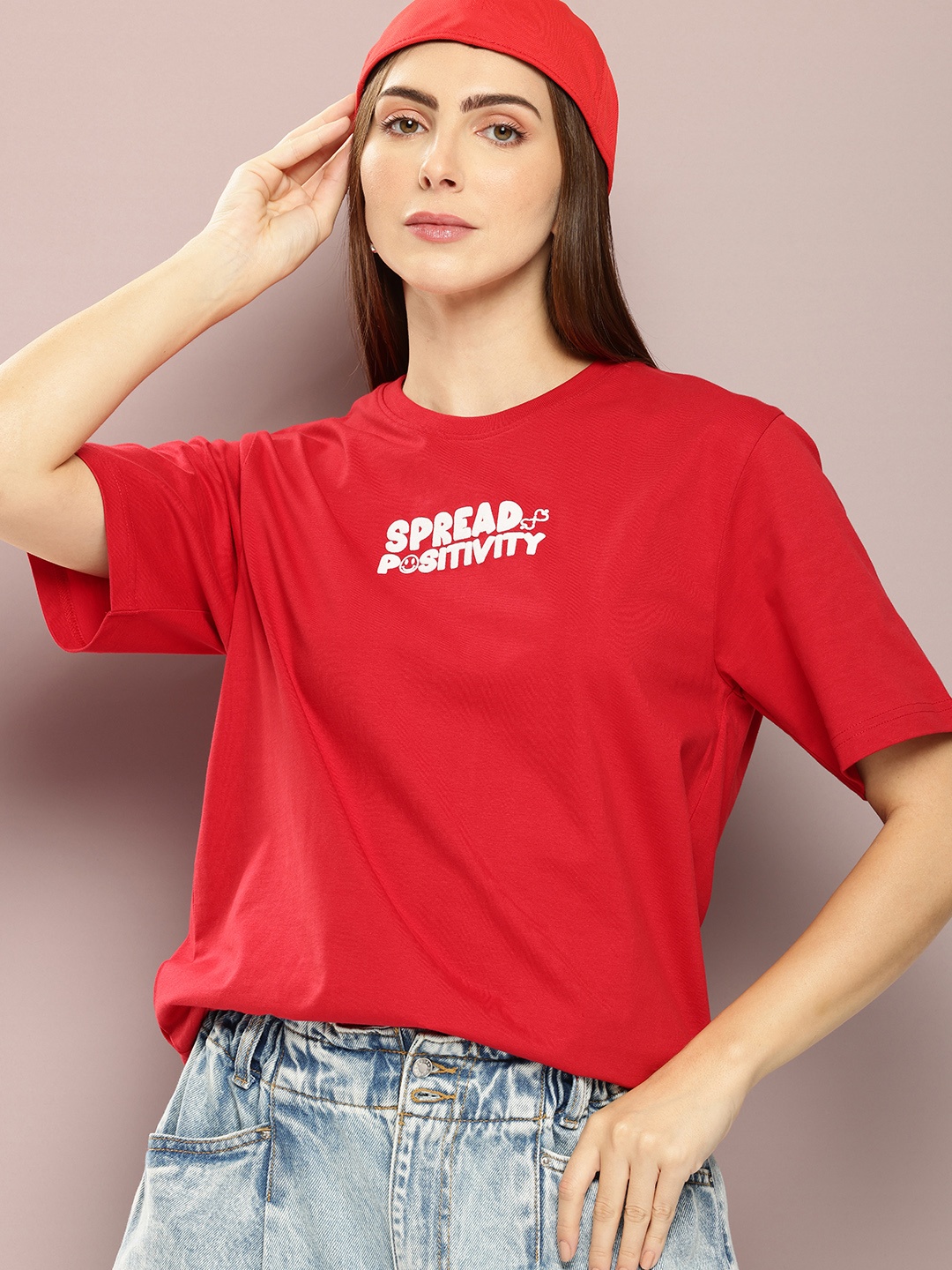 

DILLINGER Women Typography Printed Embossed Oversized T-shirt, Red