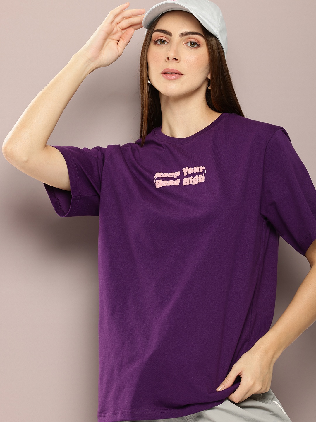 

DILLINGER Women Typography Printed Embossed Oversized T-shirt, Purple