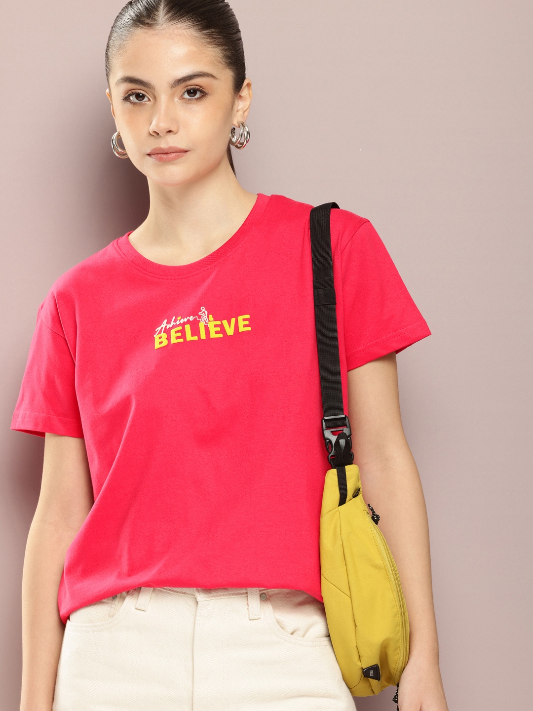 

DILLINGER Women Typography Printed Embossed Oversized T-shirt, Pink