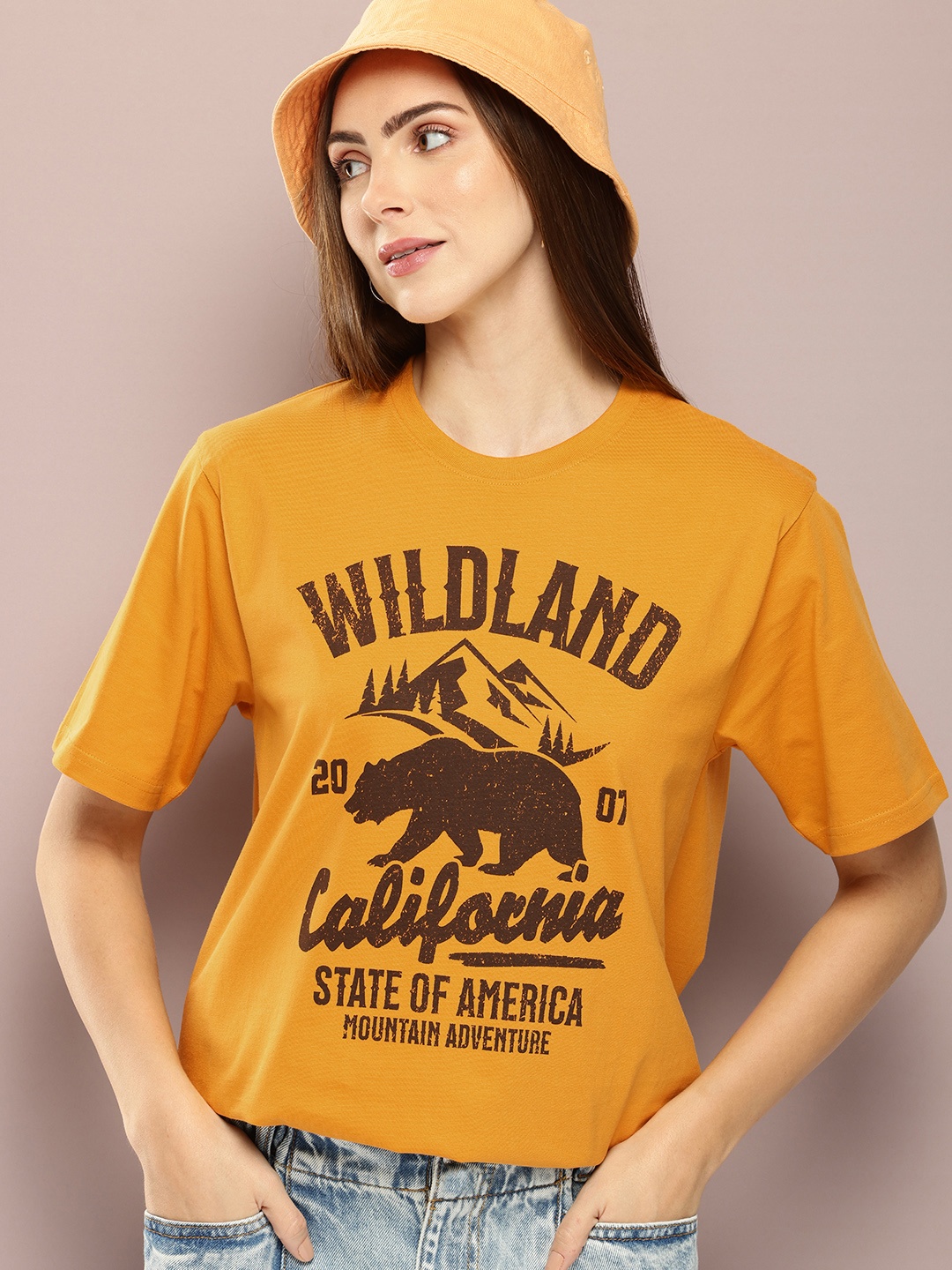 

DILLINGER Women Graphic Printed Oversized T-shirt, Mustard