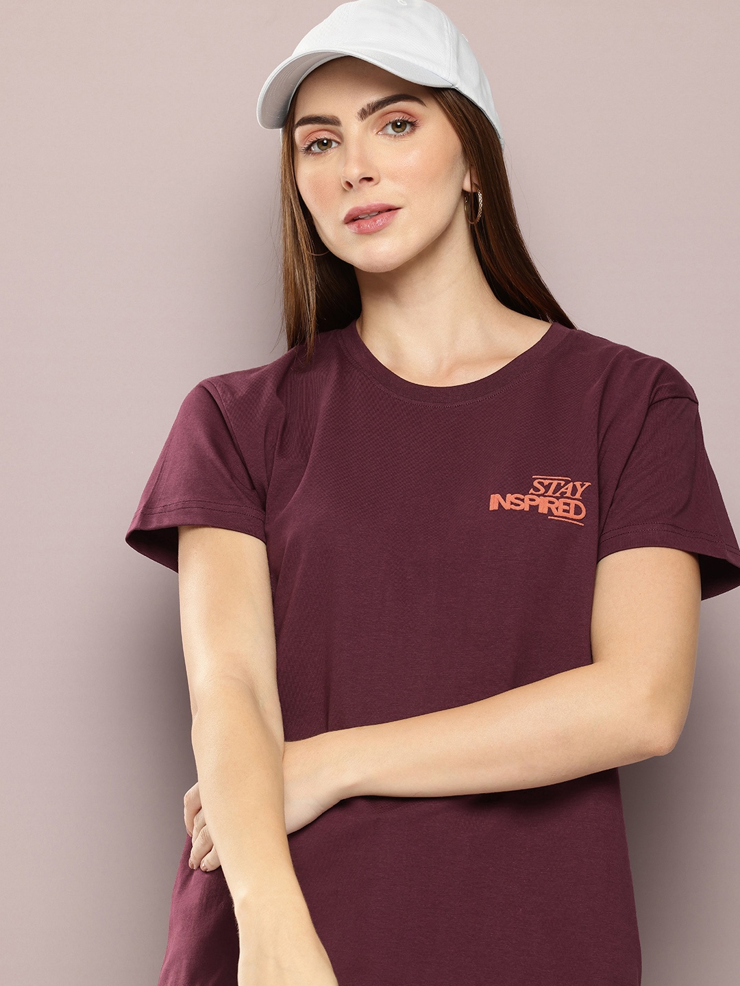 

DILLINGER Women Typography Printed Embossed Oversized T-shirt, Maroon