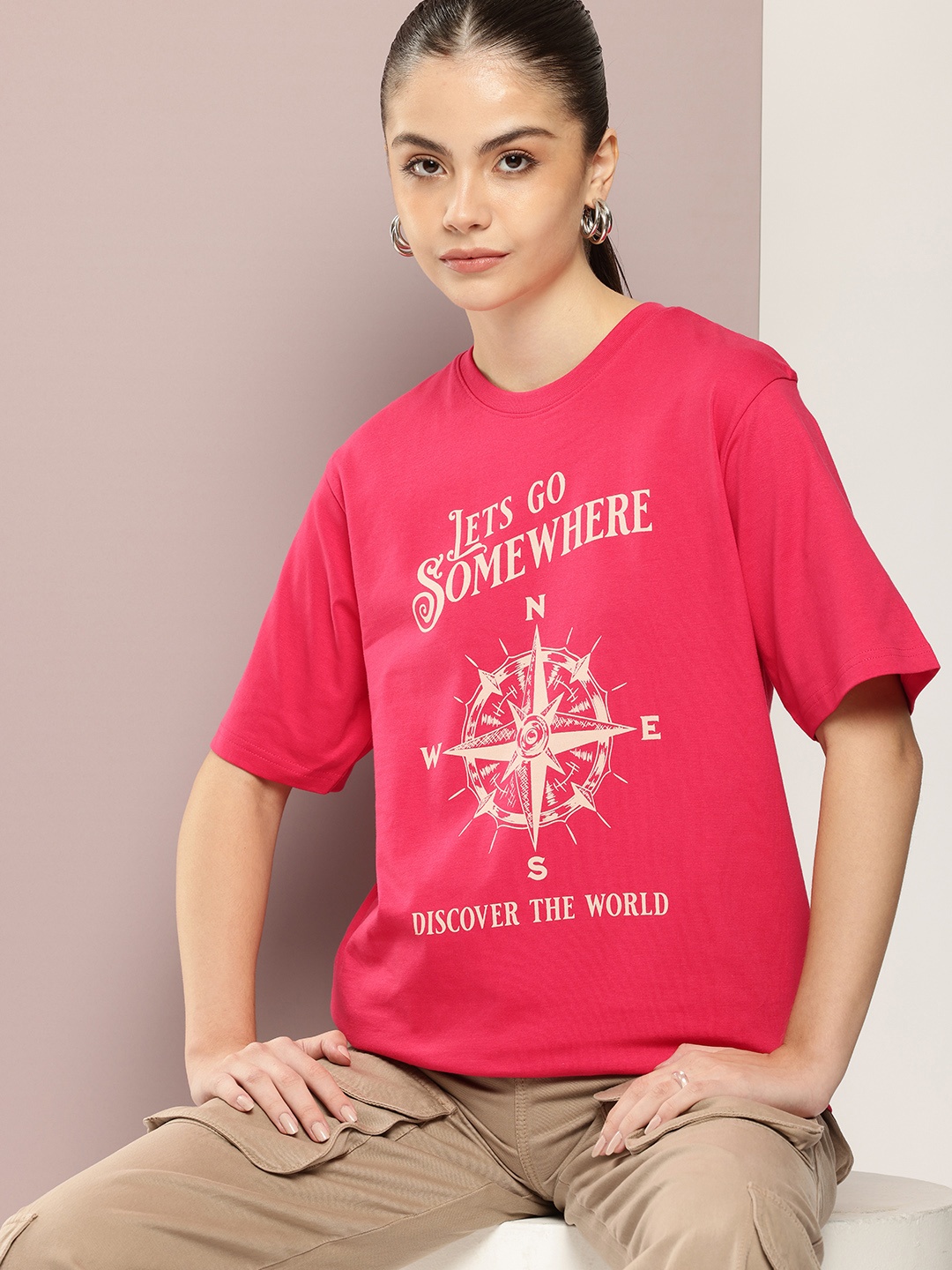 DILLINGER Women Graphic Printed Oversized T-shirt, Pink