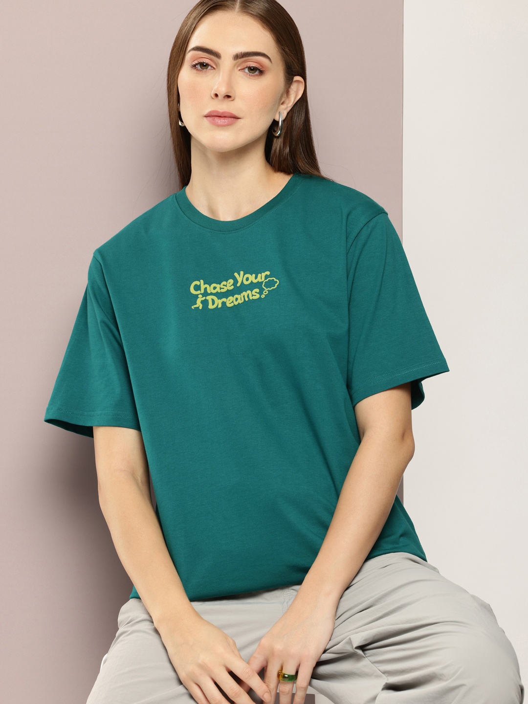

DILLINGER Women Typography Printed Embossed Oversized T-shirt, Green