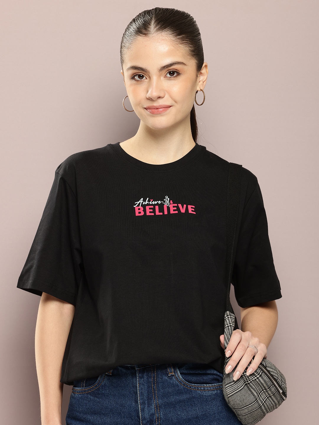 

DILLINGER Women Typography Printed Embossed Oversized T-shirt, Black