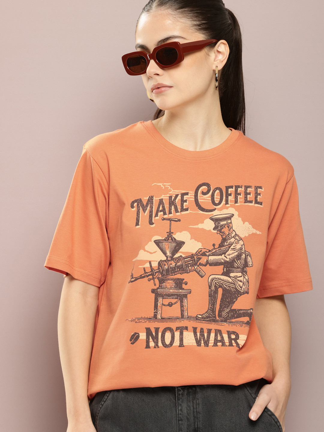 

DILLINGER Women Graphic Printed Oversized T-shirt, Rust