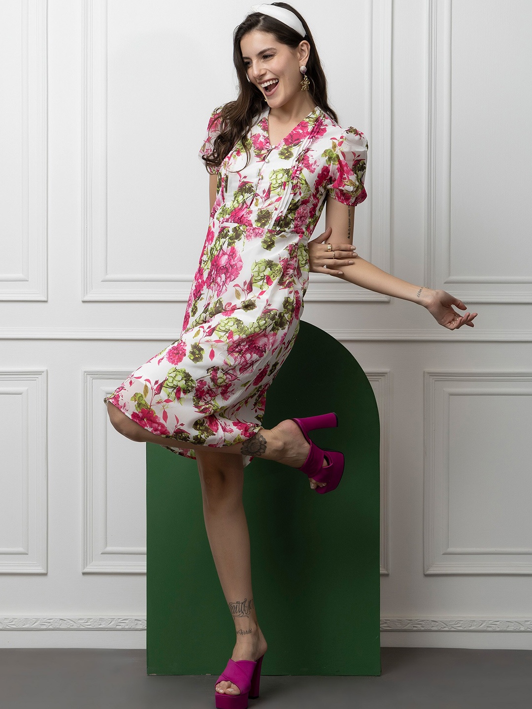 

Beatnik Floral Printed Georgette A-Line Maxi Dress, Pink