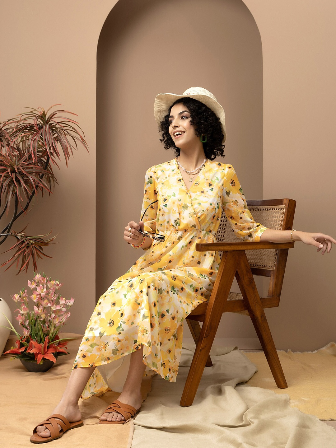 

Beatnik Floral Printed V-Neck Full Sleeves Georgette Midi A-line Dress, Yellow