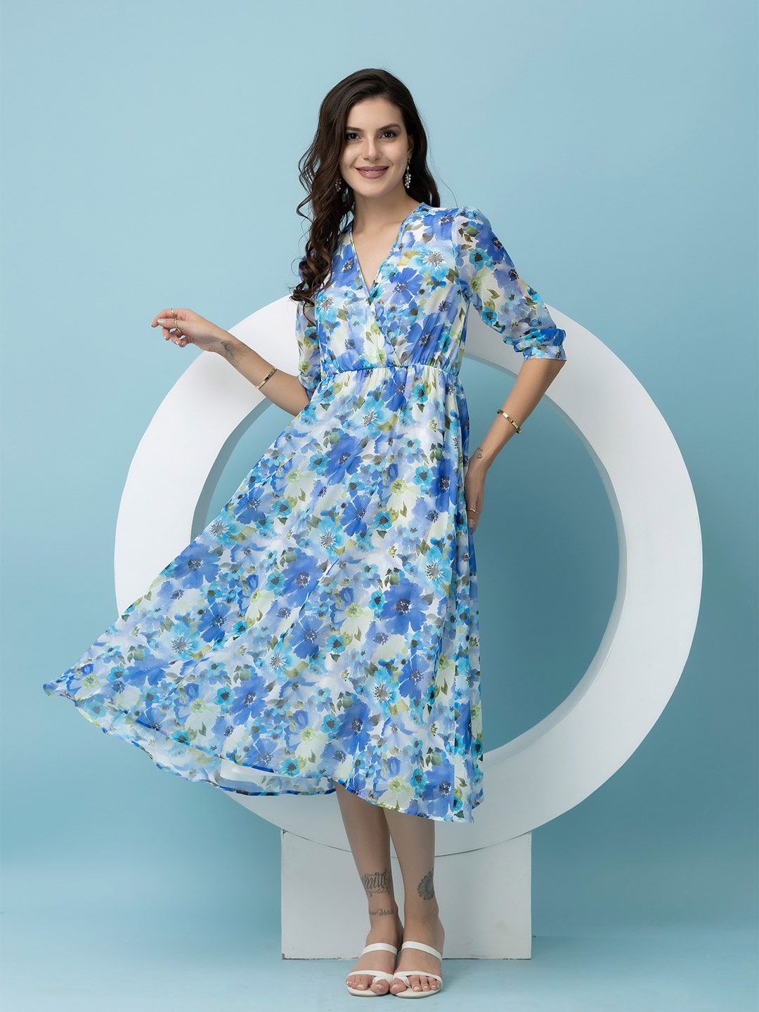 Beatnik Floral Printed Full Sleeves Georgette A-Line Midi Dress, Blue