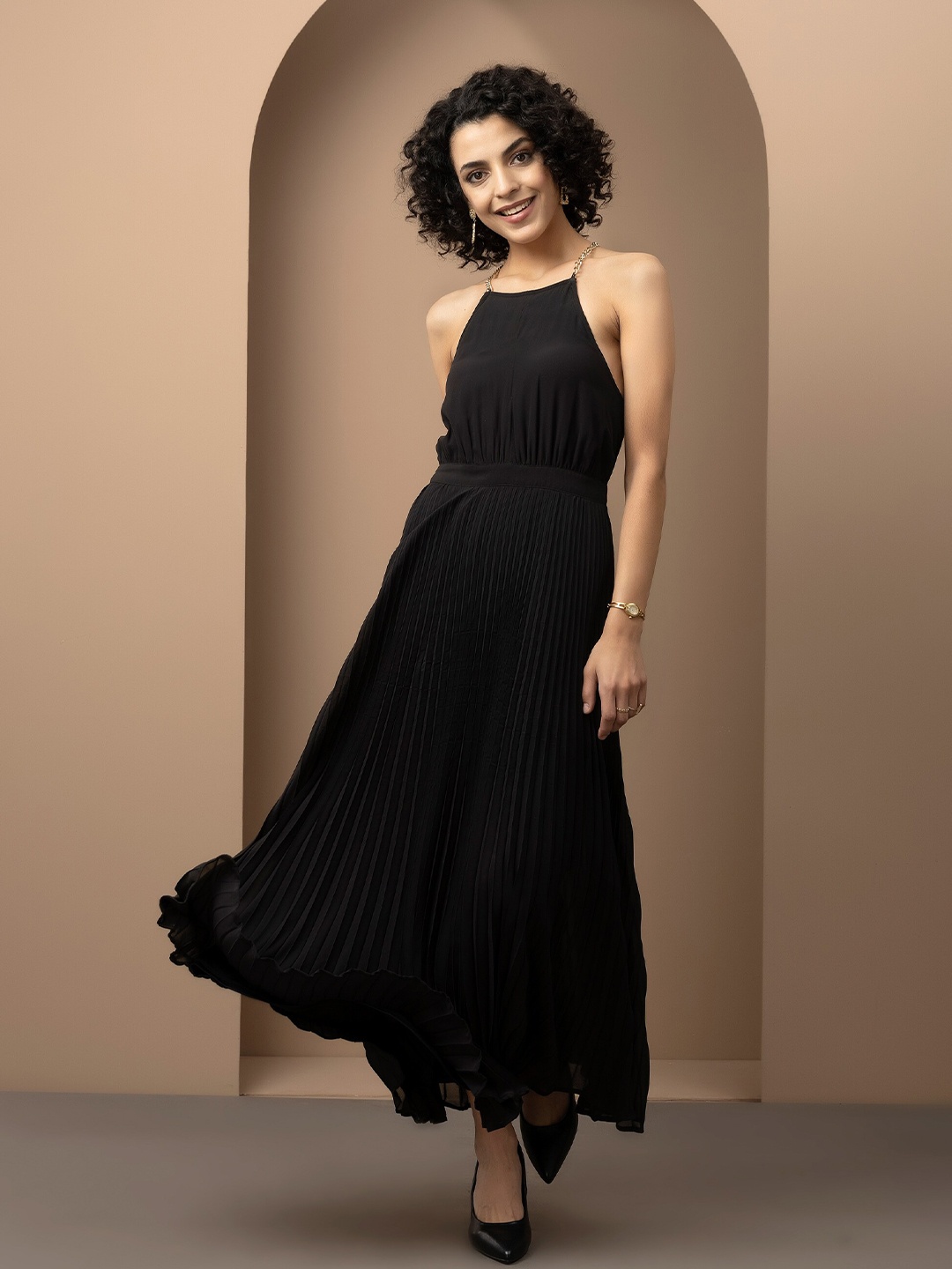 

Beatnik Halter Neck Georgette Maxi Dress, Black