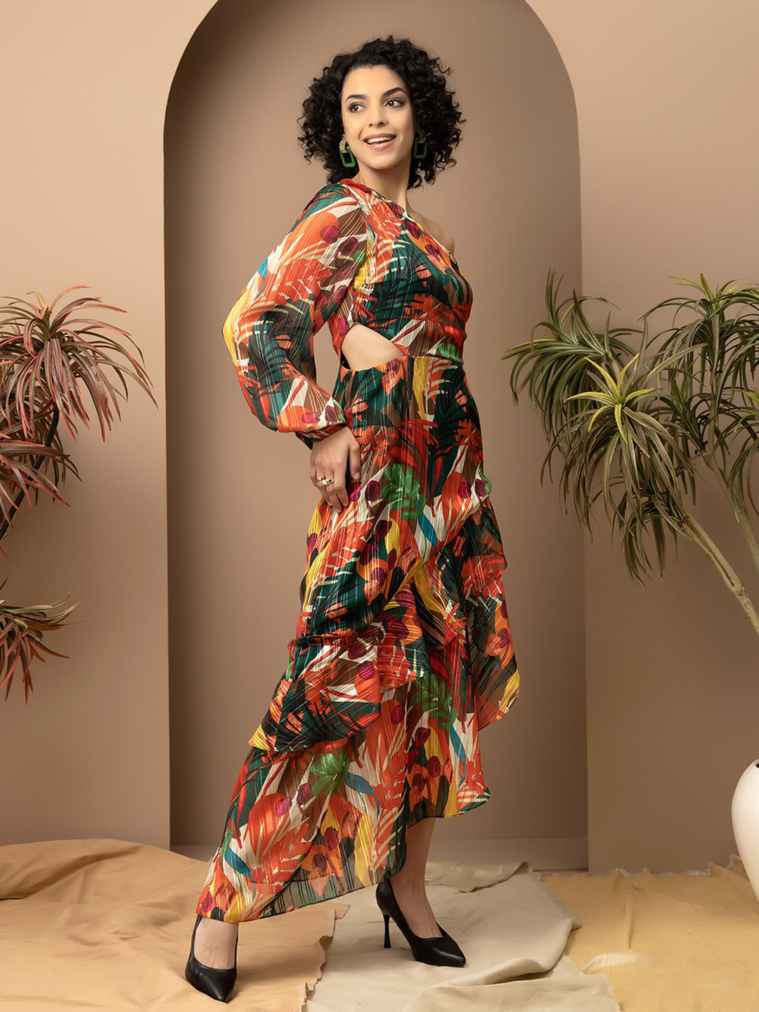 

Beatnik Tropical Printed One shoulder Satin Maxi Dress, Red
