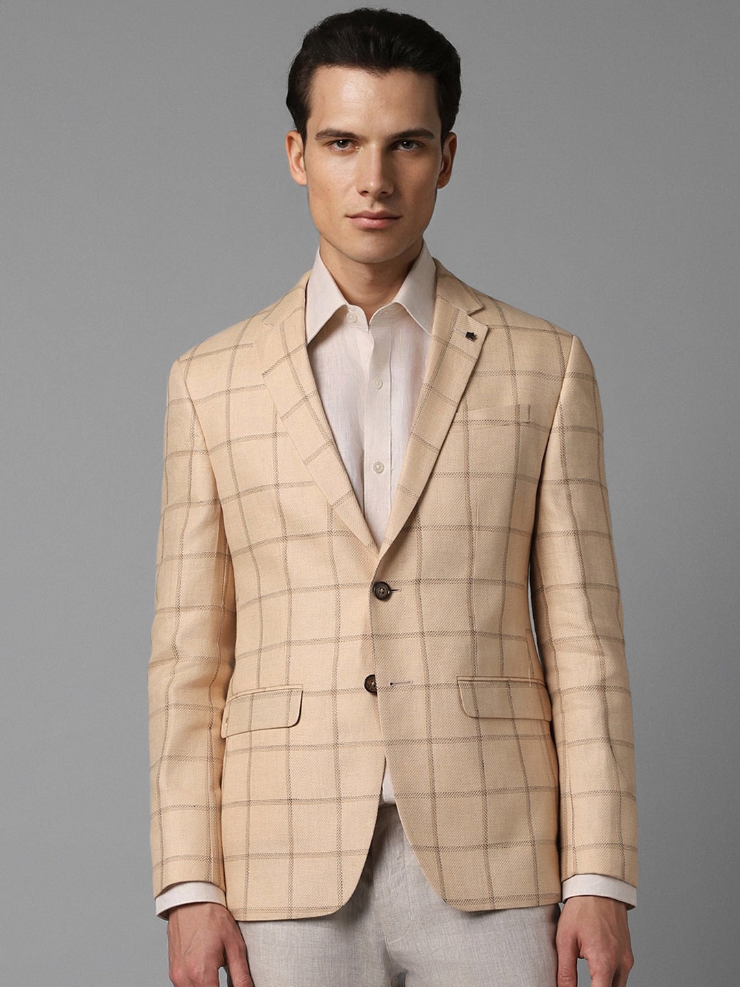

Louis Philippe Slim-Fit Checked Pure Linen Single-Breasted Formal Blazer, Beige