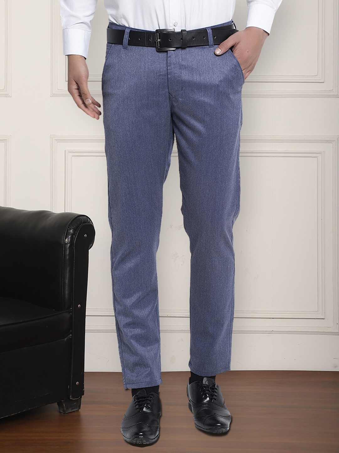 

JAINISH Men Relaxed Tapered Fit Mid-Rise Cotton Easy Wash Formal Trousers, Blue