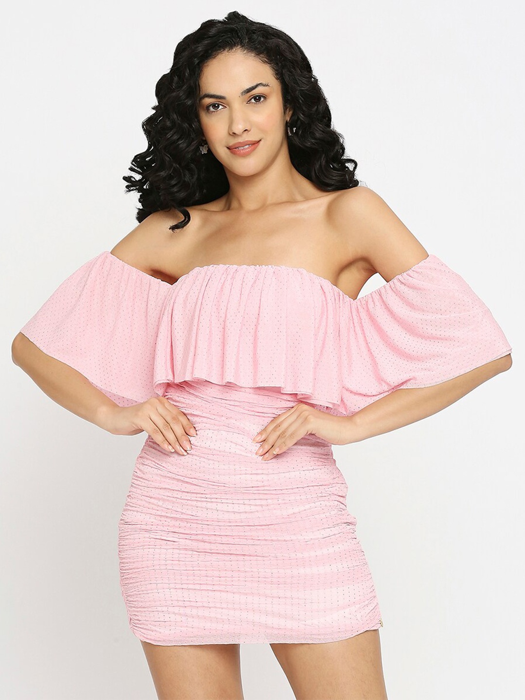 

EMBLAZE Striped Off-Shoulder Cape Sleeves Bodycon Mini Dress, Pink
