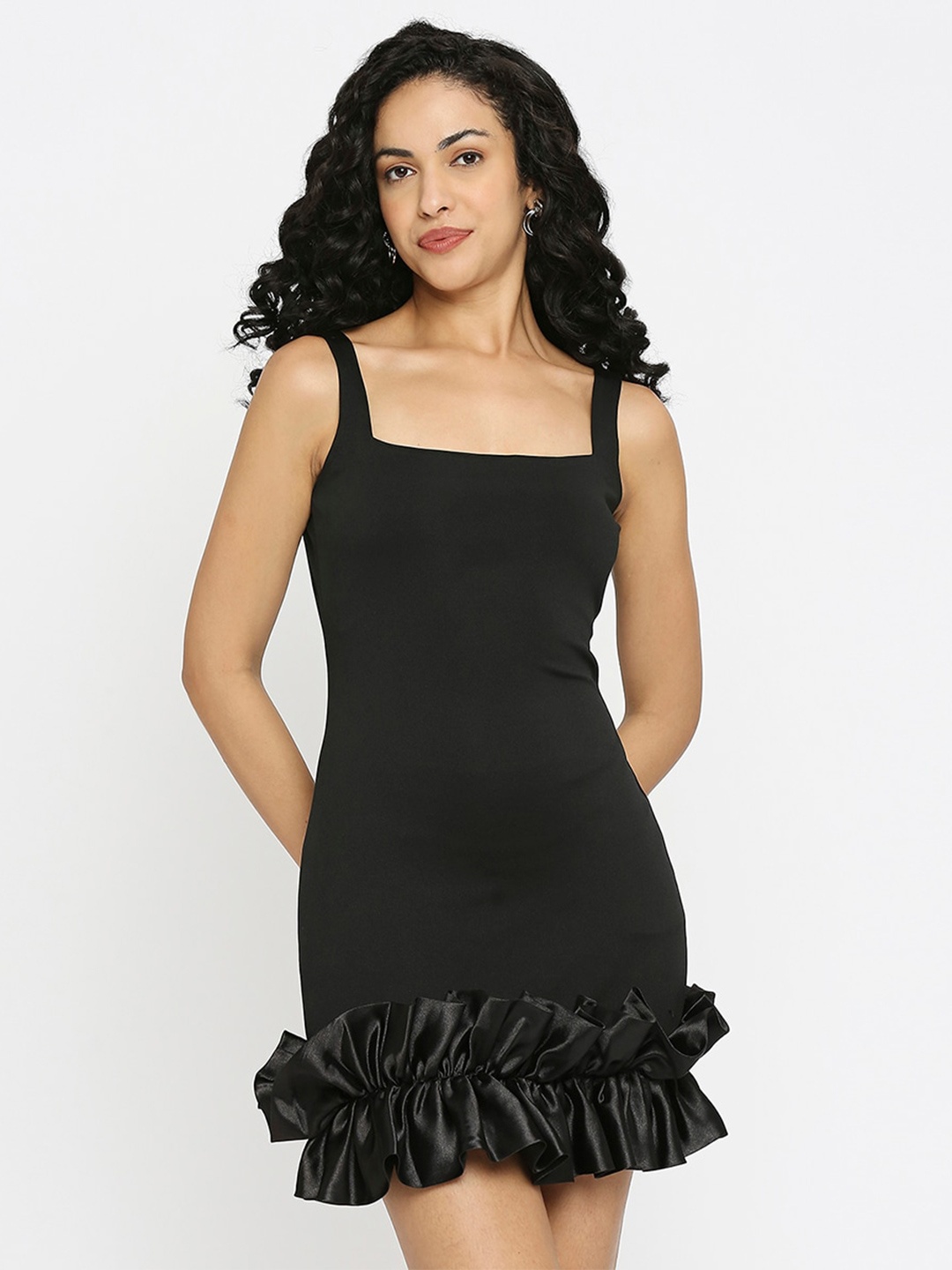 

EMBLAZE Shoulder Straps Bodycon Satin Mini Dress, Black
