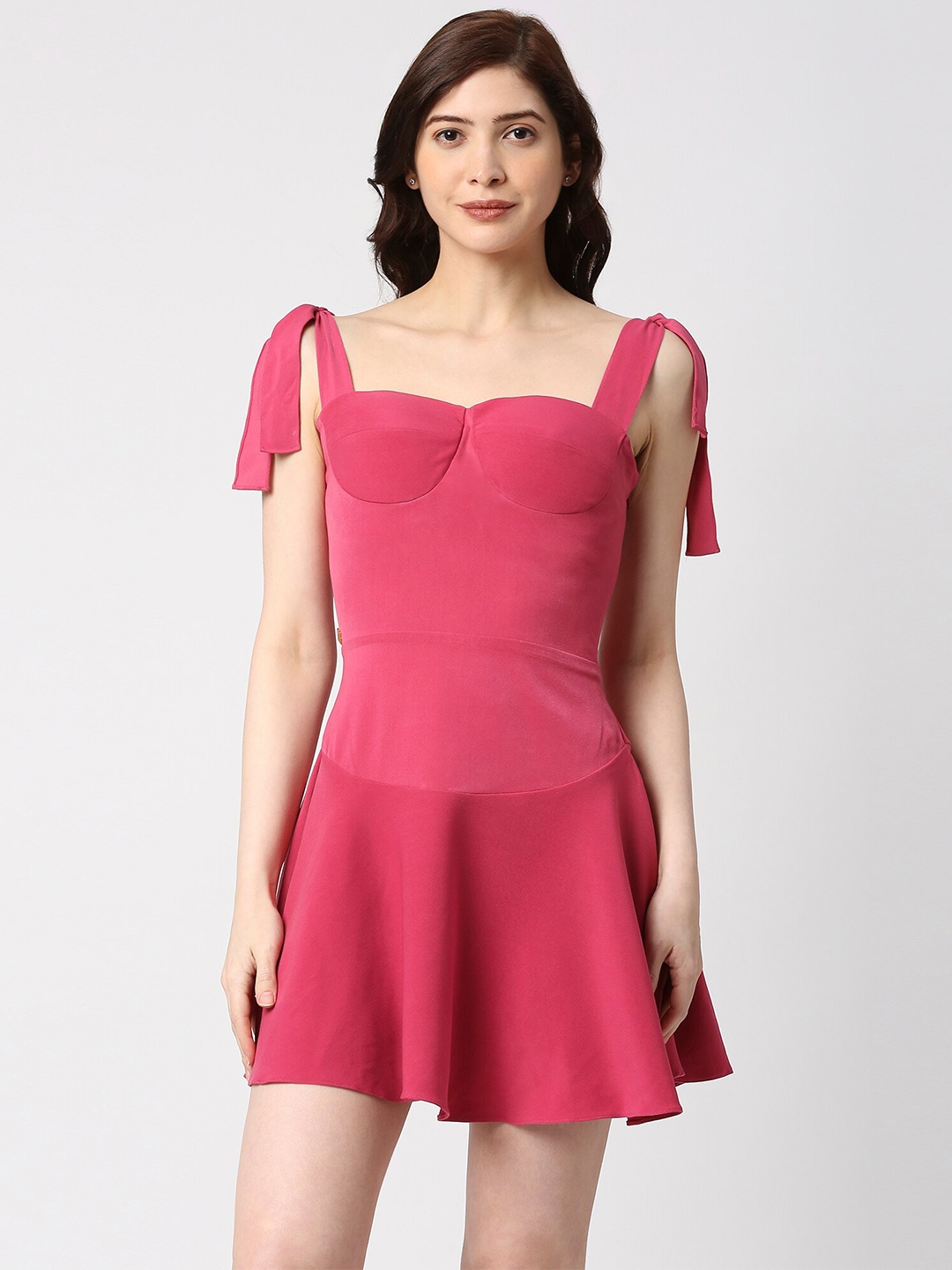 

EMBLAZE Shoulder Straps Tie-Up Detail Fit & Flare Dress, Pink
