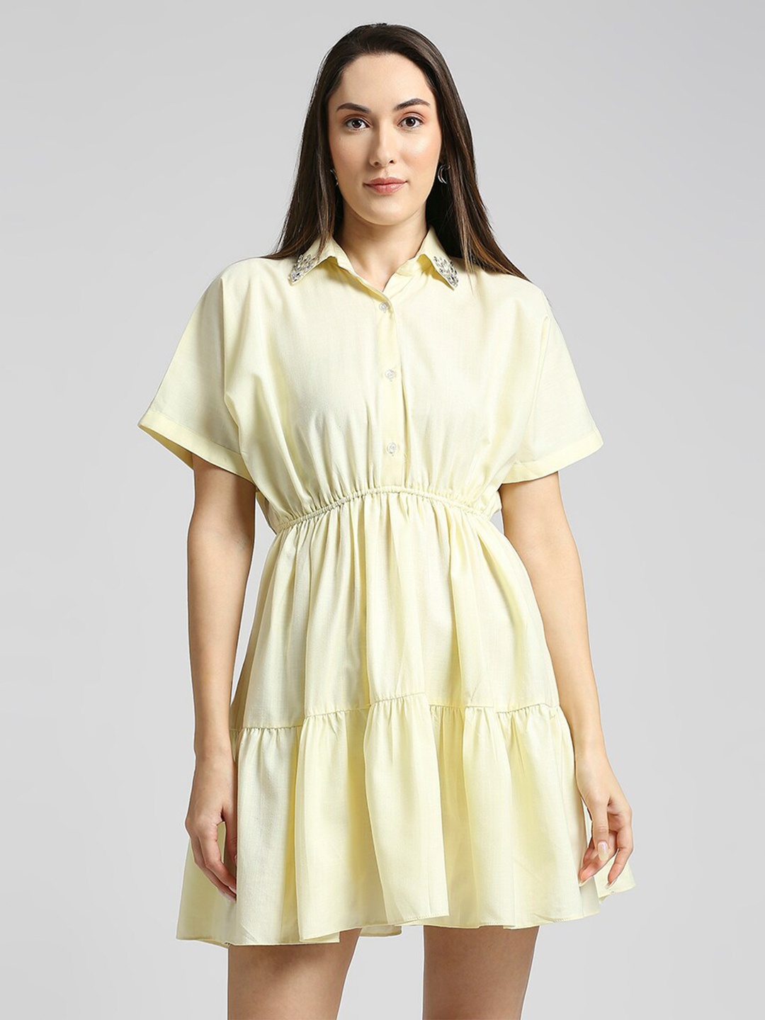 

EMBLAZE Shirt Collar Fit & Flare Cotton Semi Sheer Mini Dress, Yellow