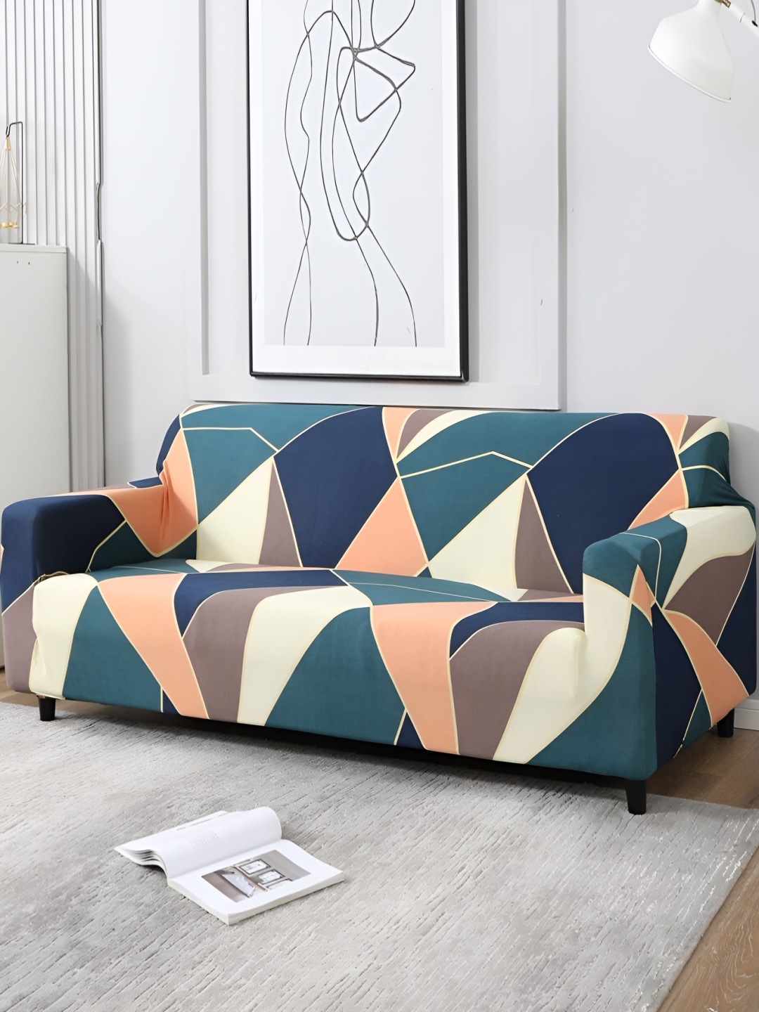 

Furshine Green Geometric Sofa Cover Triple Seater