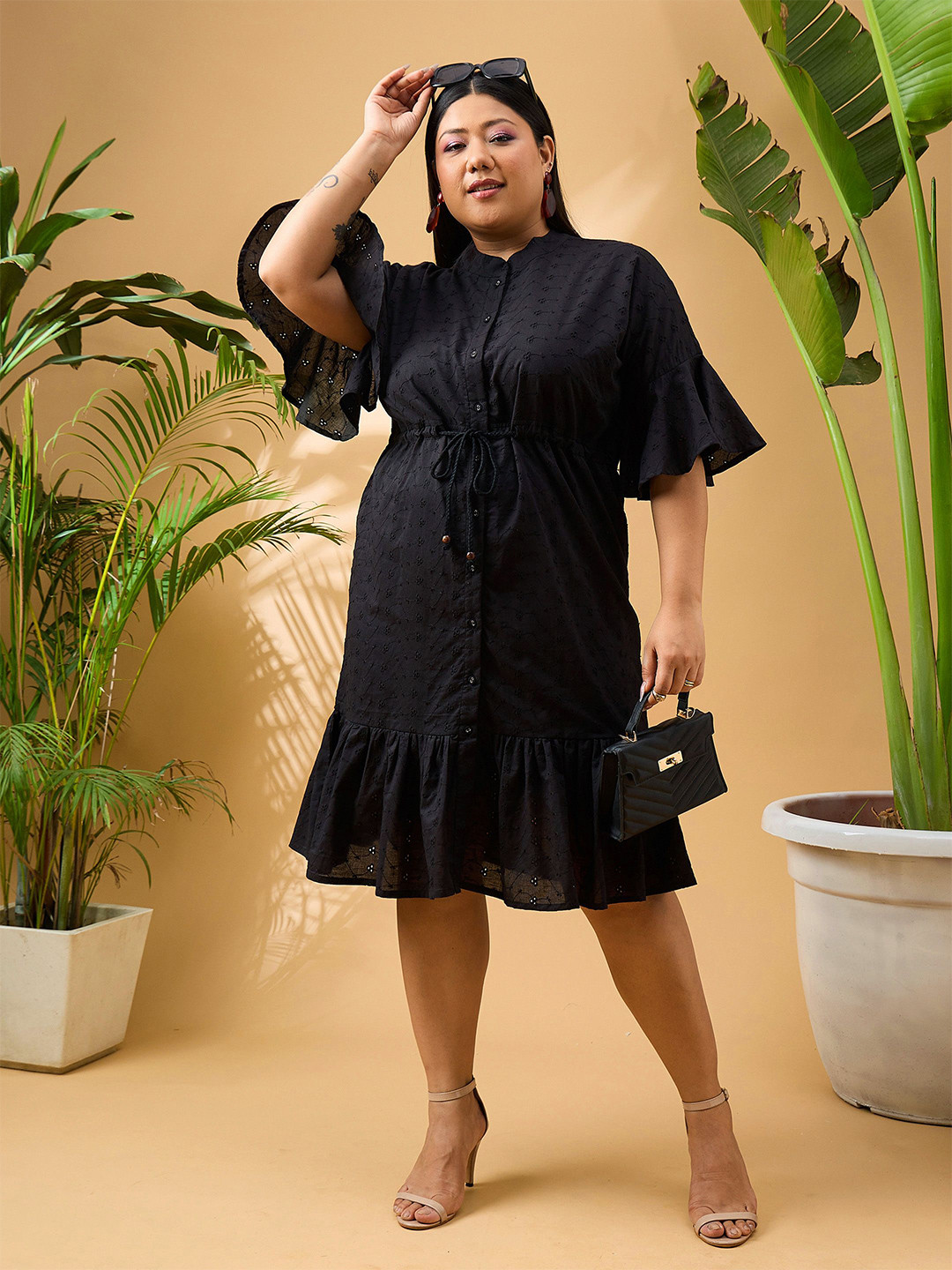 

SASSAFRAS Curve Plus Size Mandarin Collar Bell Sleeve Cotton A-Line Dress, Black