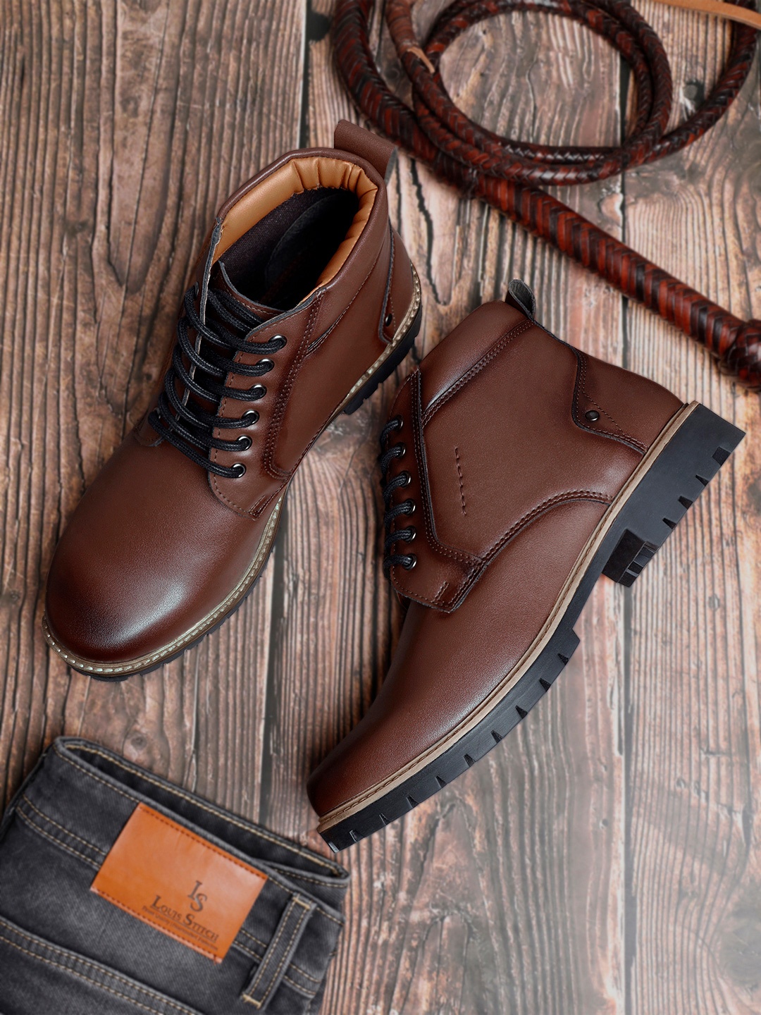 

LOUIS STITCH Men Tan Mid-Top Lace Up Biker Boots
