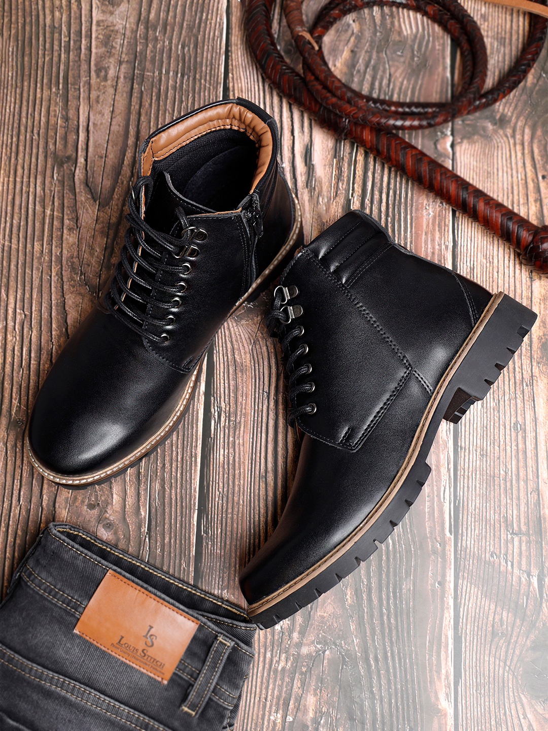 

LOUIS STITCH Men Jet Black Mid-Top Lace Up Biker Chain Boots