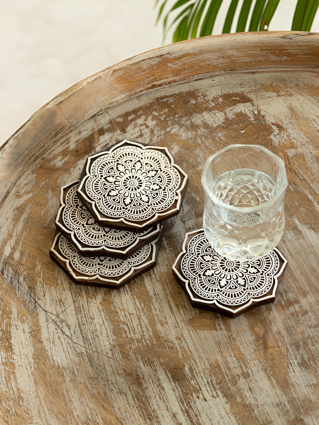 

ExclusiveLane Set Of 4 Mandala Block Printed Octagon Shaped Sheesham Wooden Coasters, Brown