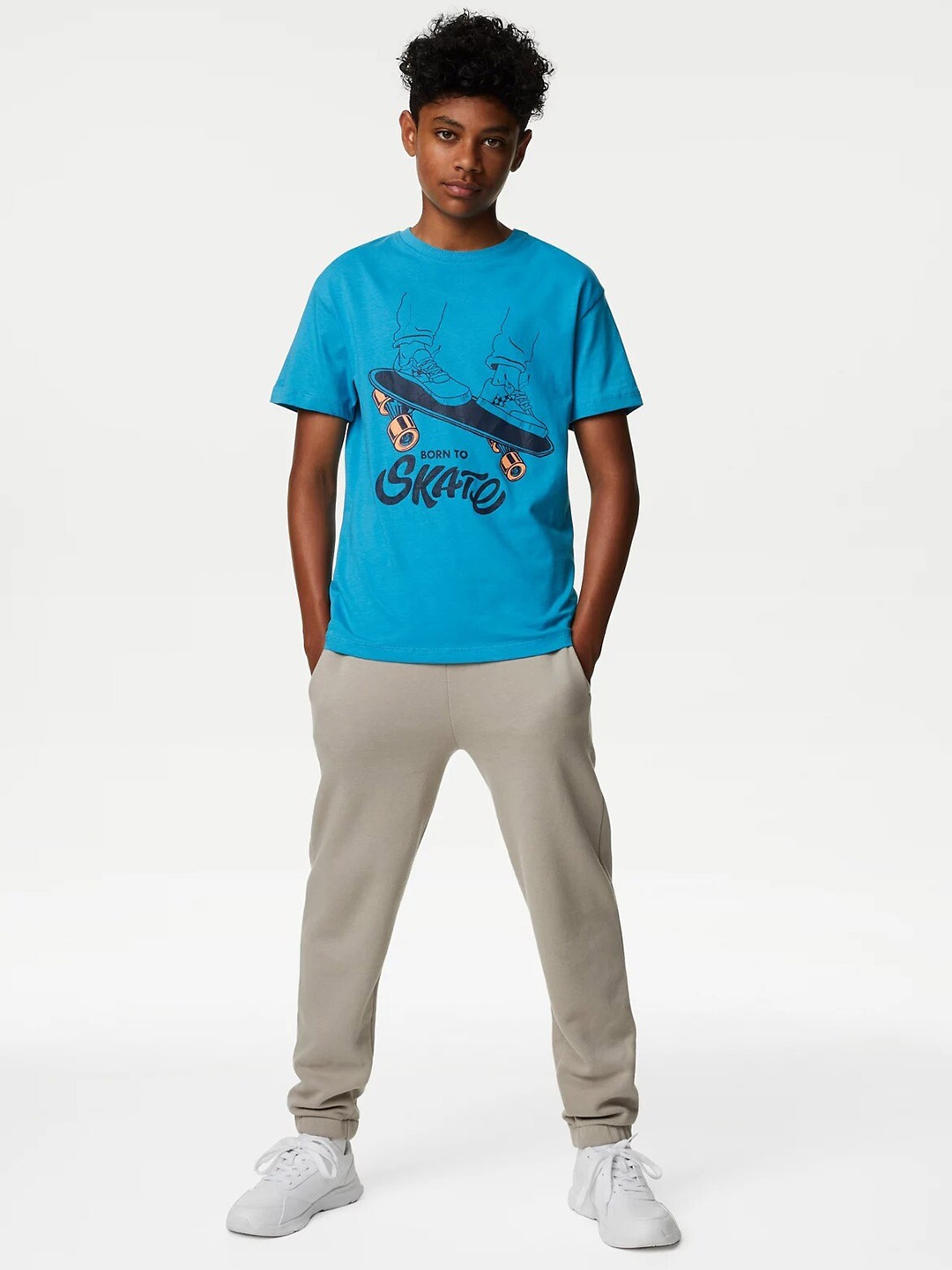 

Marks & Spencer Boys Graphic Printed Drop-Shoulder Sleeves Pure Cotton T-shirt, Turquoise blue