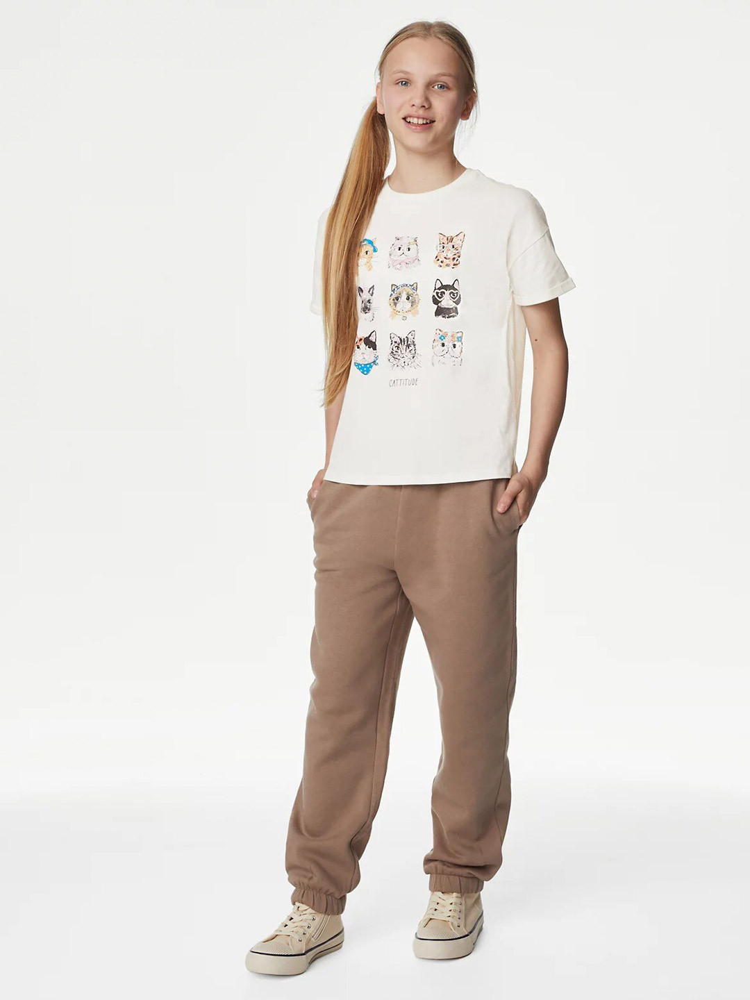 

Marks & Spencer Girls Graphic Printed Drop-Shoulder Sleeves Pure Cotton T-shirt, Off white