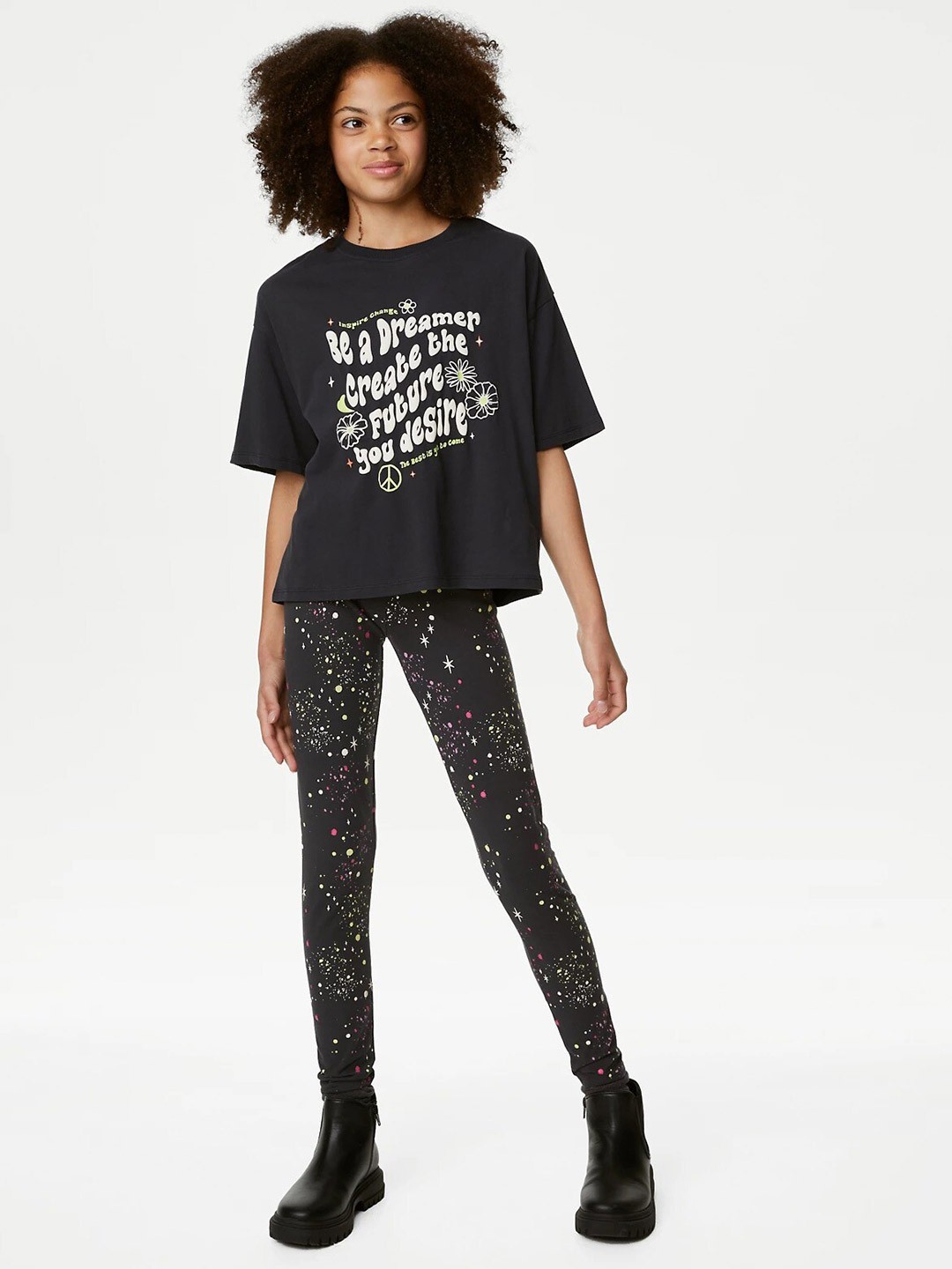 

Marks & Spencer Girls Typography Printed Drop-Shoulder Sleeves Pure Cotton T-shirt, Black