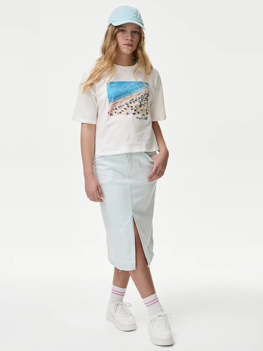 

Marks & Spencer Girls Graphic Printed Drop-Shoulder Sleeves Pure Cotton T-shirt, Off white