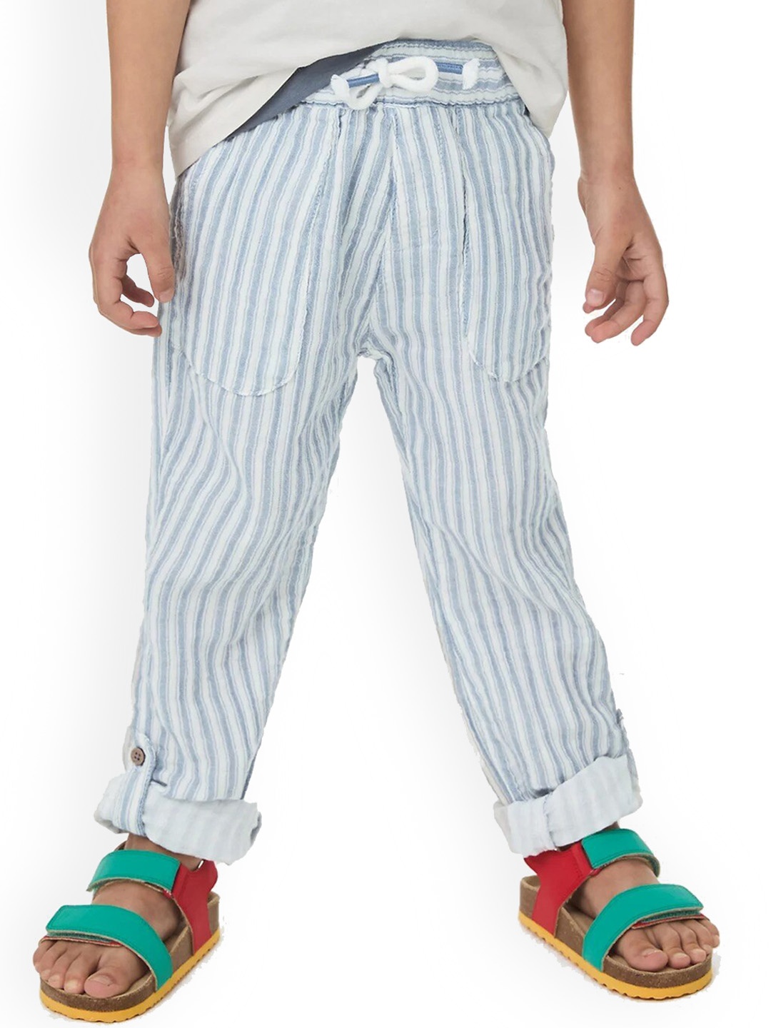 

Marks & Spencer Boys Striped High-Rise Pure Cotton Trousers, Blue