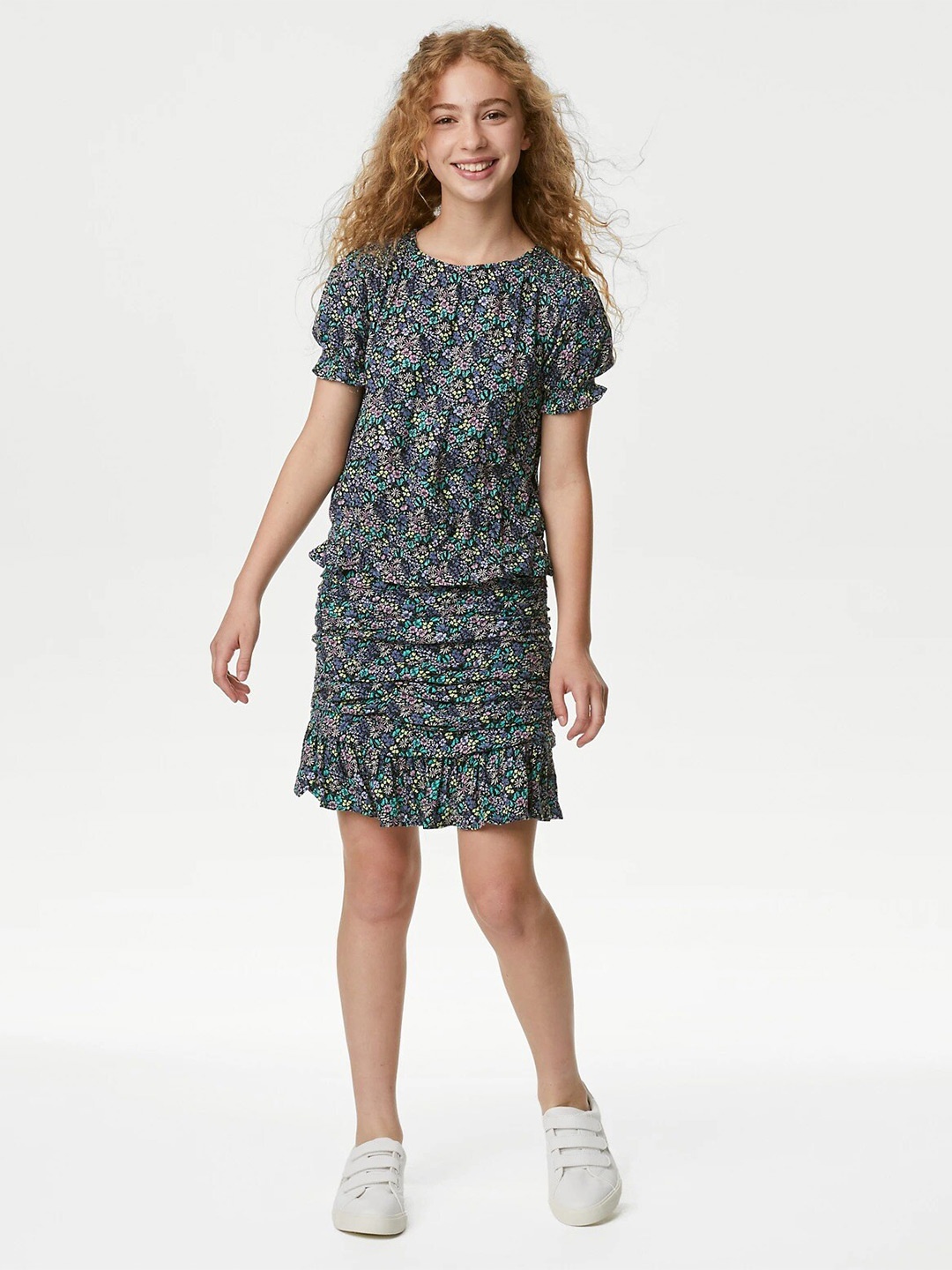 

Marks & Spencer Girls Floral Print Puff Sleeves Regular Top, Blue