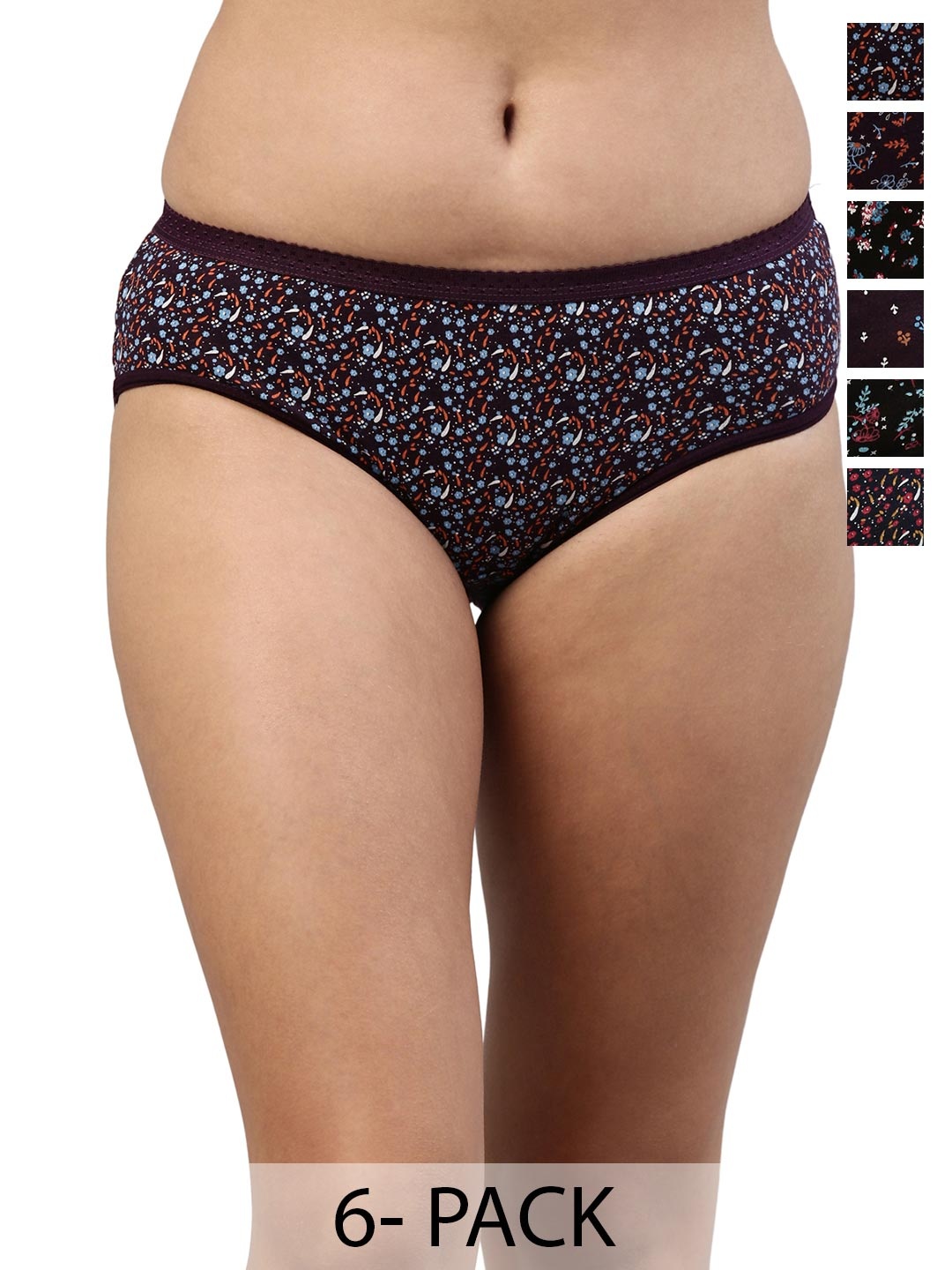 

Feelings Pack Of 6 Assorted Floral Printed Cotton Mid-Rise Anti Microbial Basic Briefs