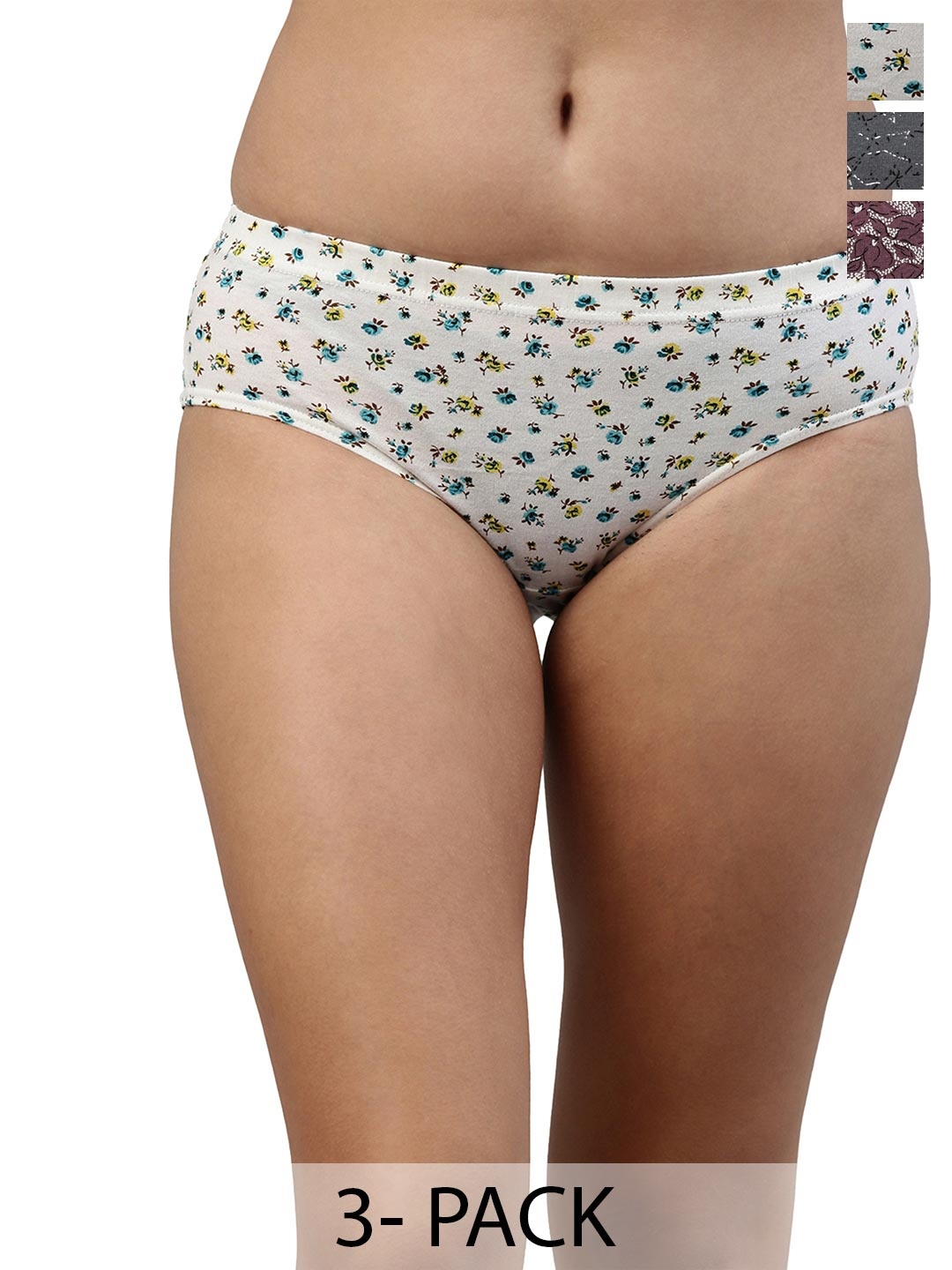 

Feelings Pack Of 3 Assorted Floral Printed Cotton Mid-Rise Anti Microbial Hipster Briefs