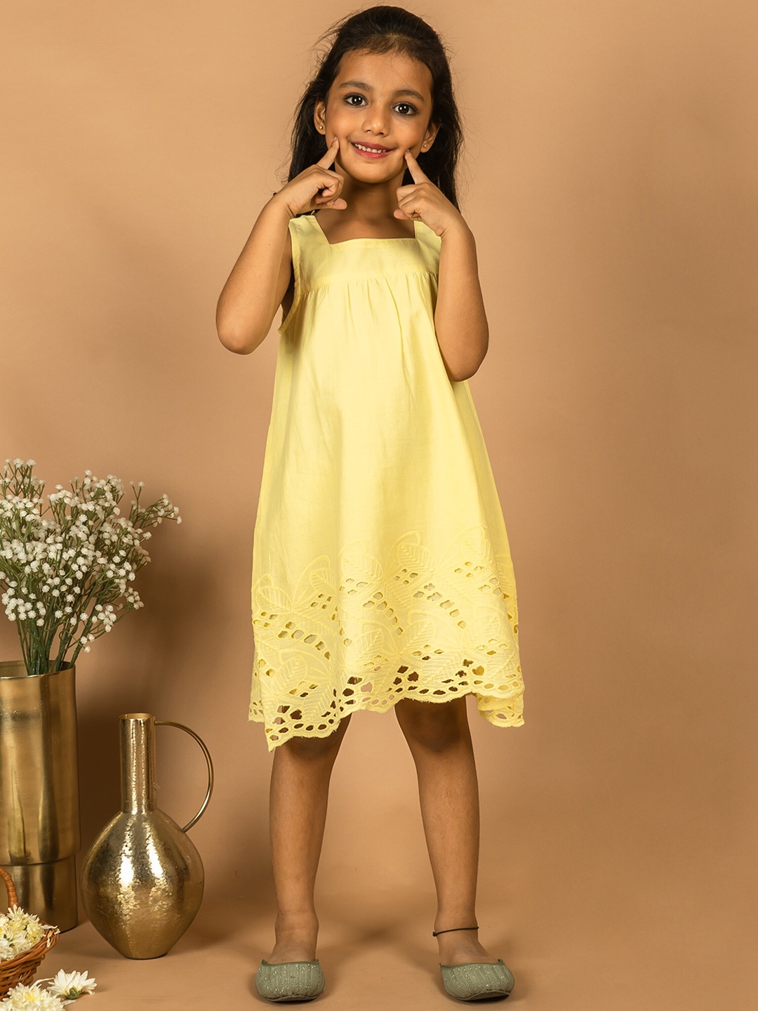 

HERE&NOW Girls Sleeveless Cotton Square Neck A-Line Dress, Yellow