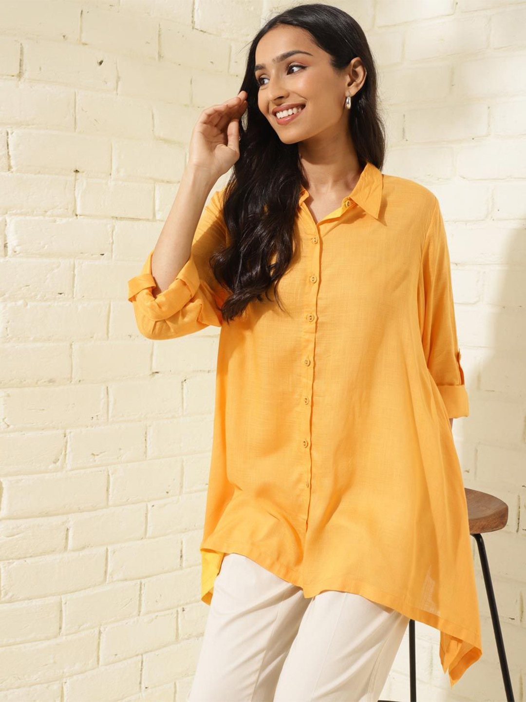 

Fabindia Spread Collar Long Roll Up Sleeves Casual Shirt, Yellow