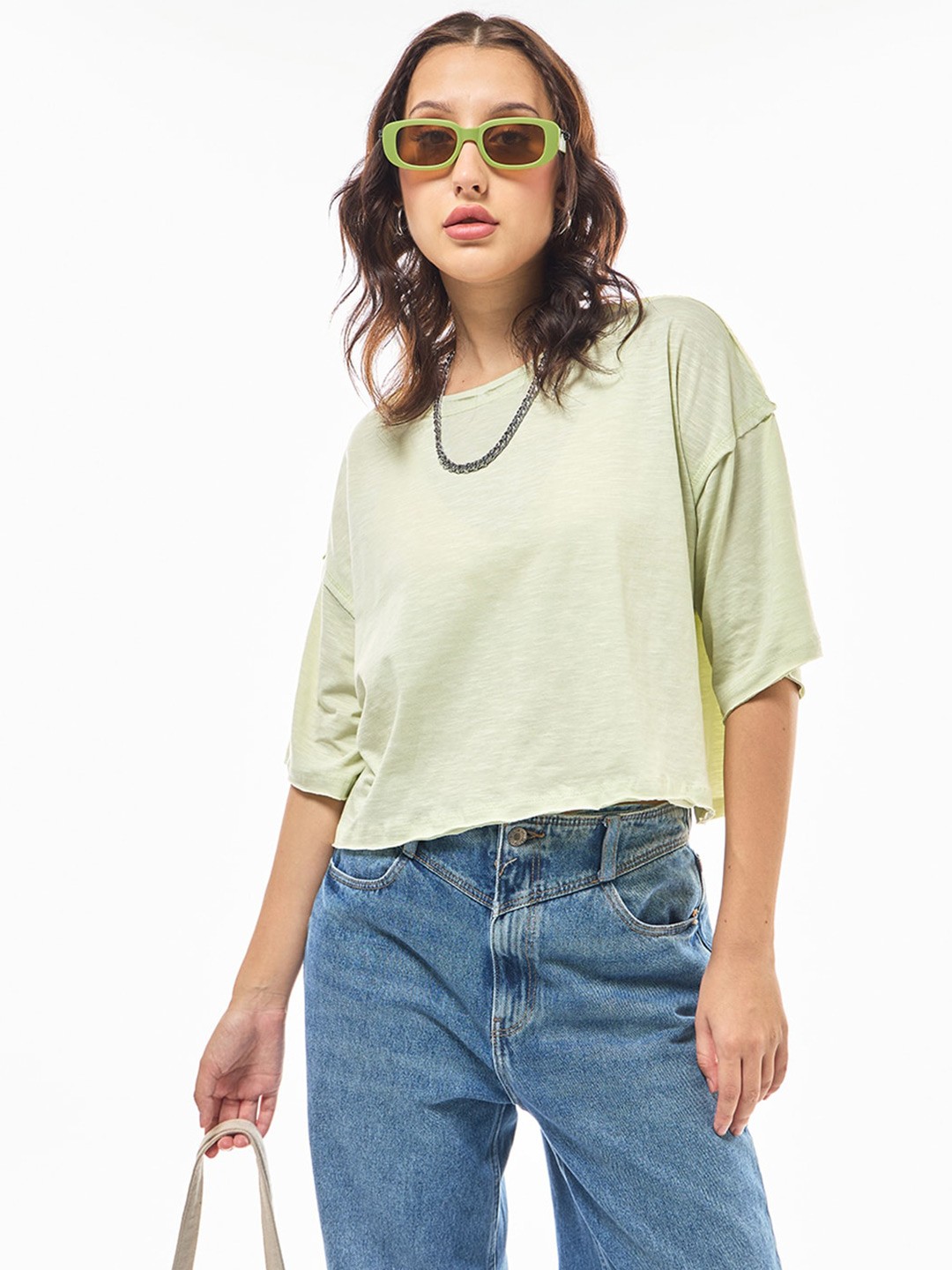 

Bewakoof Air 1.0 Women Oversized Short Top, Green