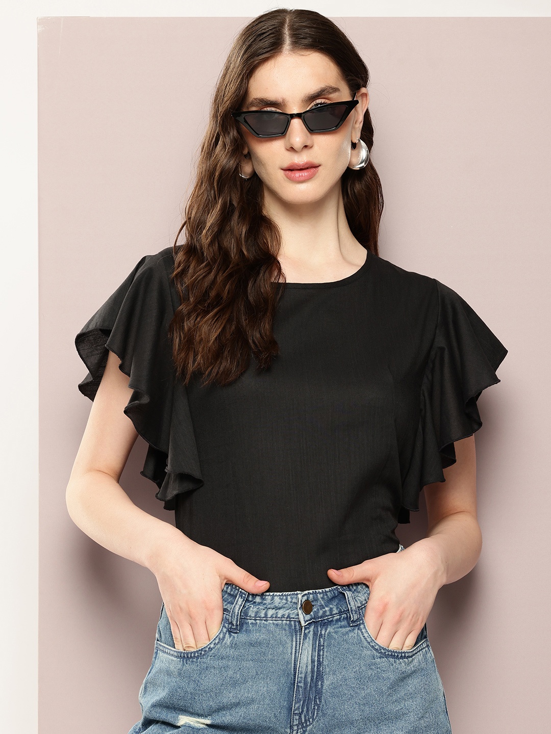 

Kook N Keech Solid Flutter Sleeve Ruffles Cotton Top, Black