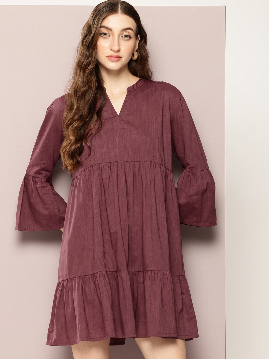 

Kook N Keech Solid Gathered-Detail Bell Sleeve A-Line Dress, Brown