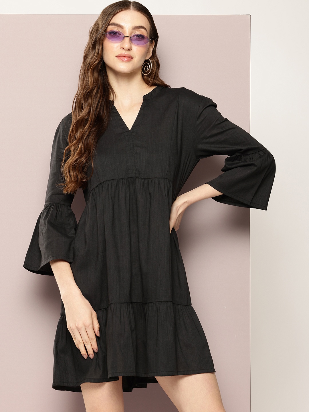 

Kook N Keech Solid Gathered-Detail Bell Sleeve A-Line Dress, Black