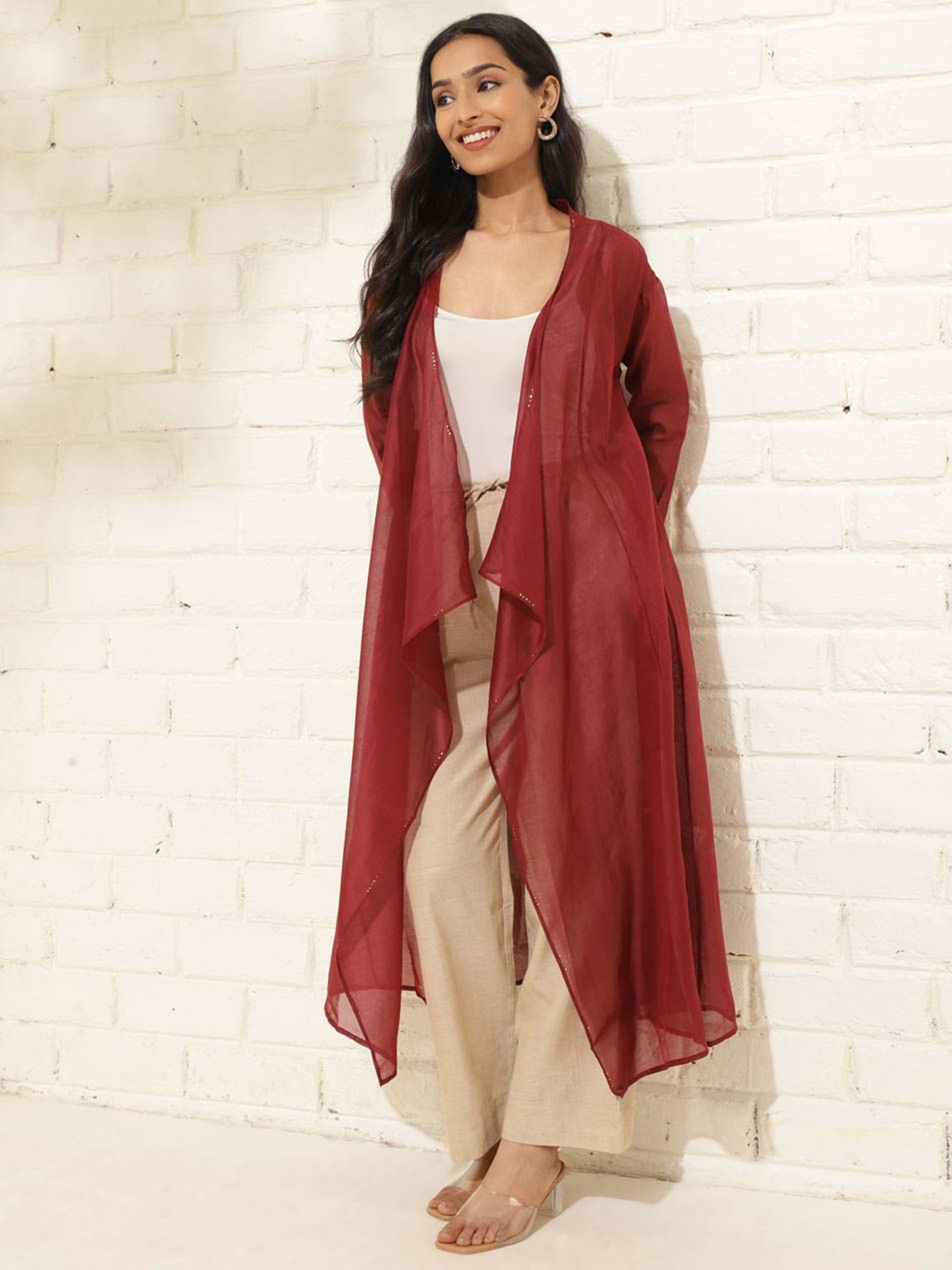 

Fabindia Cotton Silk Longline Shrug, Maroon