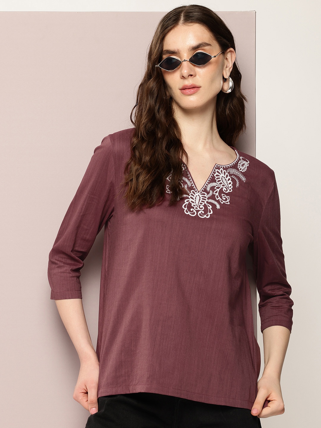 

Kook N Keech Embroidered Cotton Top, Brown