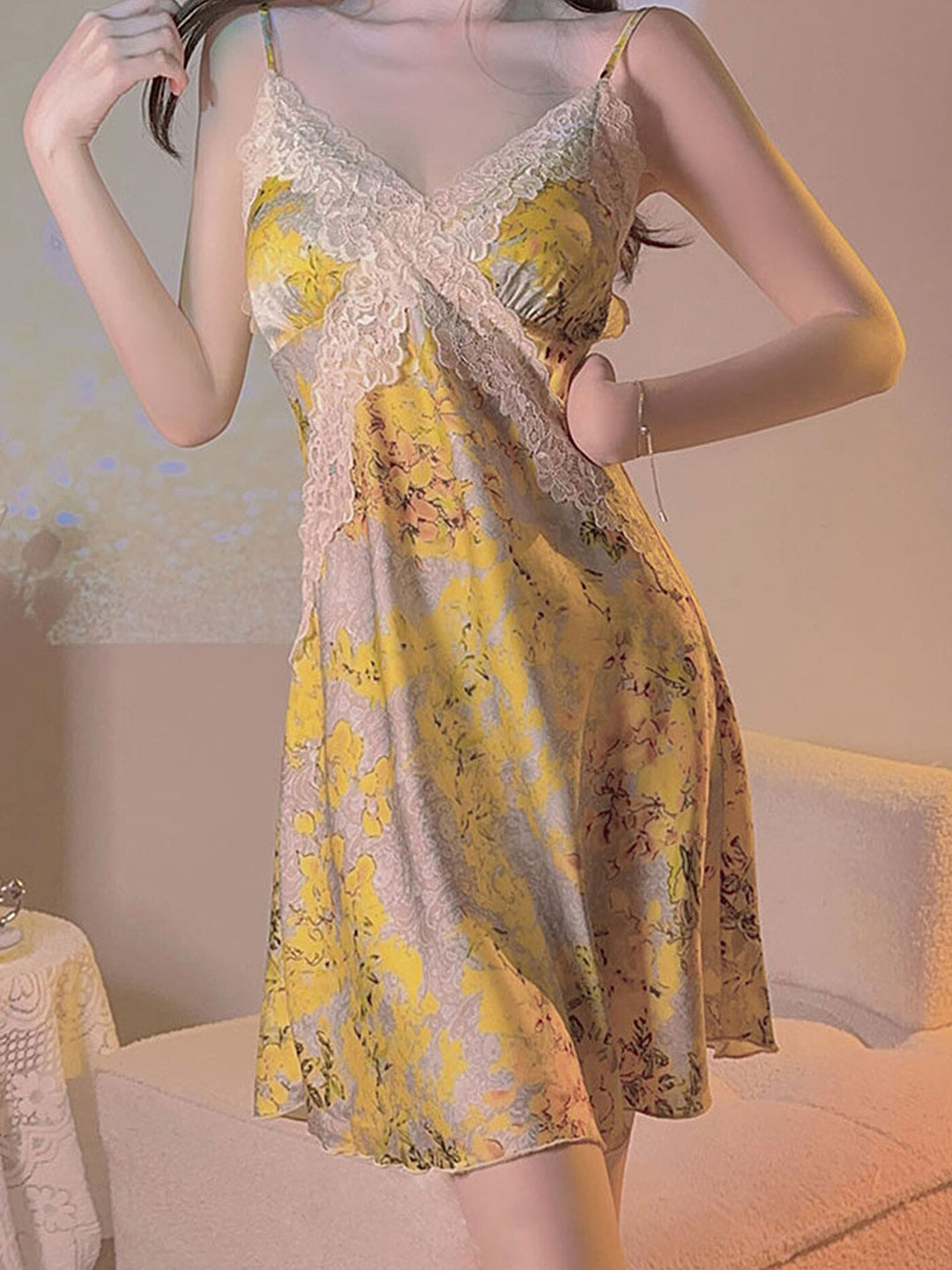 

LULU & SKY Floral Printed Shoulder Straps Nightdress, Yellow