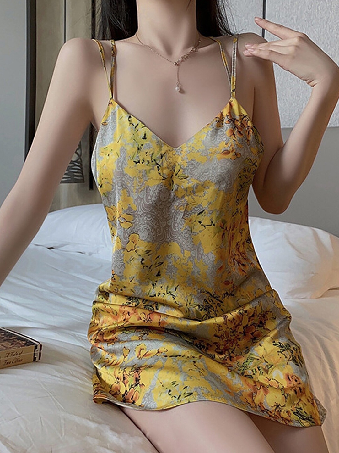 

LULU & SKY Floral Printed Shoulder Straps Nightdress, Yellow