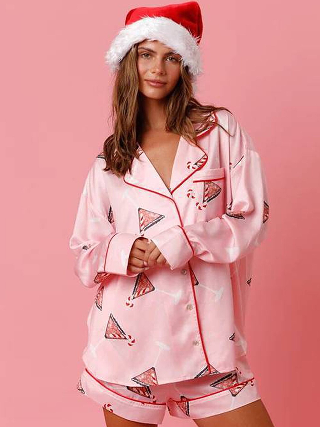 

LULU & SKY Conversational Printed Lapel Collar Shirt With Shorts, Pink