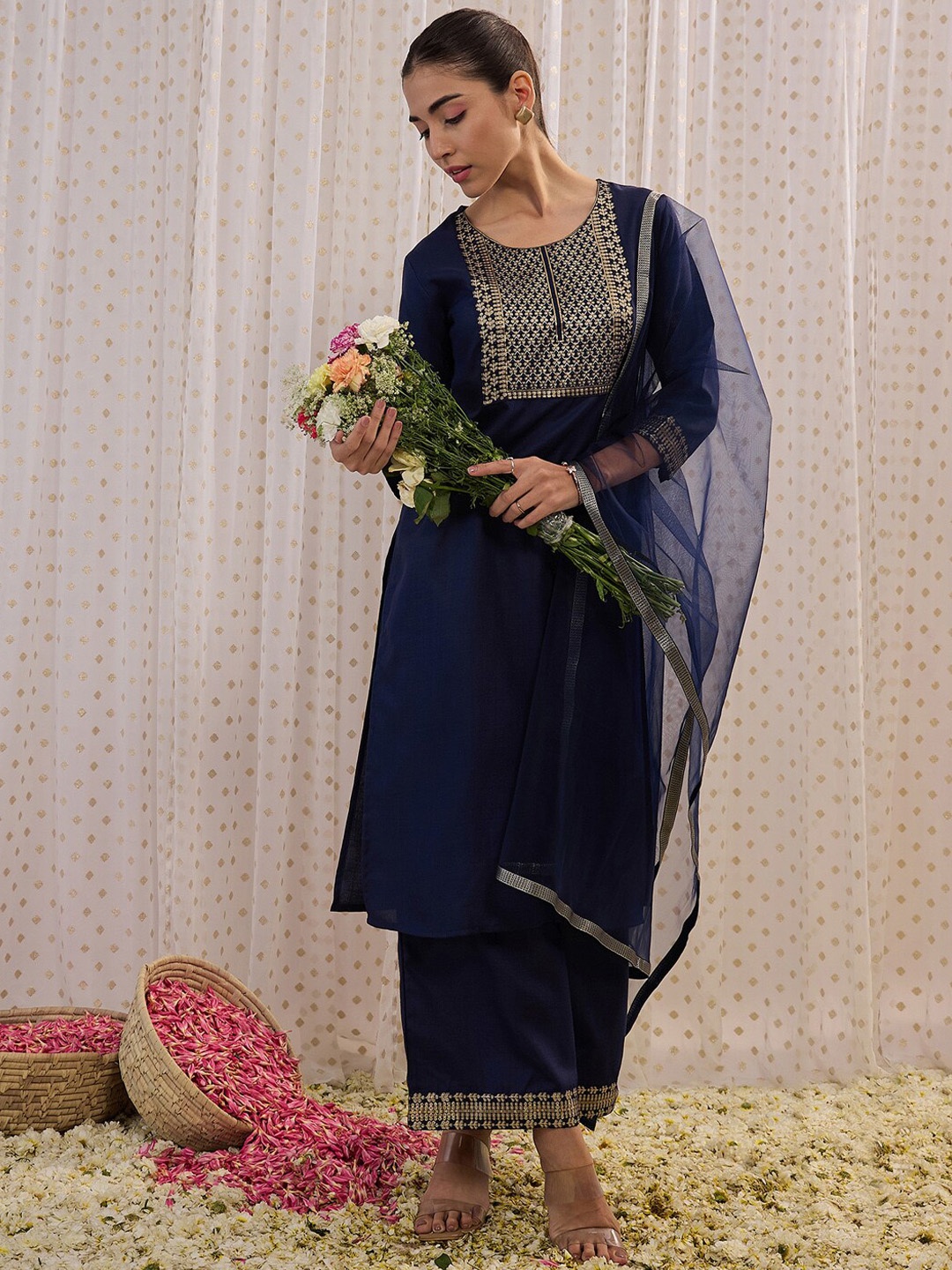 

Indo Era Floral Yoke Design Round Neck Pure Cotton Straight Kurta with Palazzos & Dupatta, Navy blue
