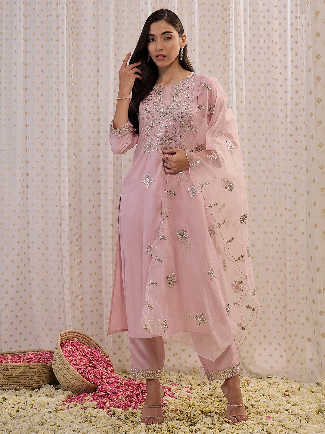 

Indo Era Pink Ethnic Motifs Embroidered Gotta Patti Kurta with Trousers & Dupatta