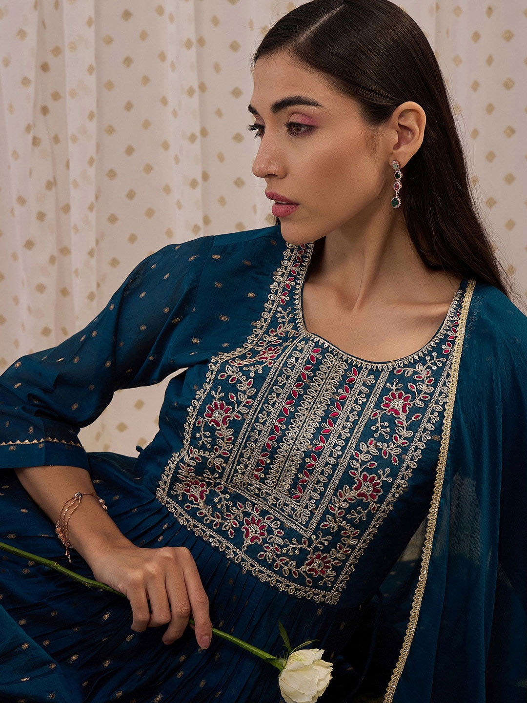 

Indo Era Floral Embroidered Round Neck Chanderi Silk A-Line Kurta with Trousers & Dupatta, Blue