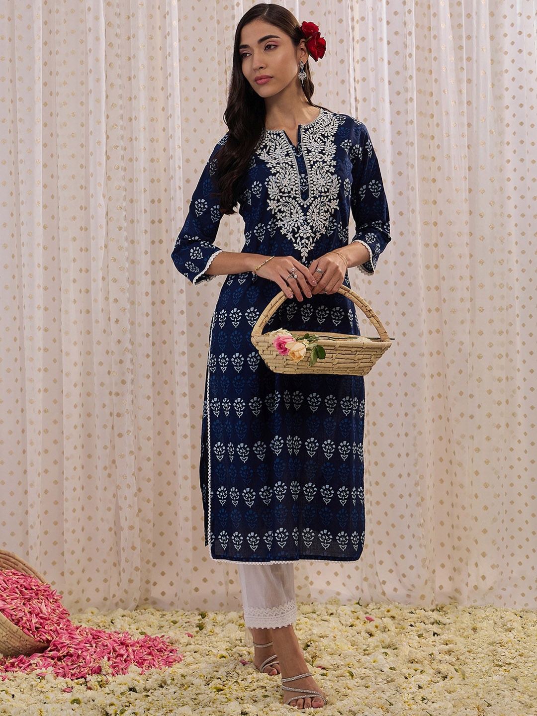 

Indo Era Ethnic Motifs Printed Round Neck Three-Quarter Sleeves Cotton Straight Kurta, Navy blue