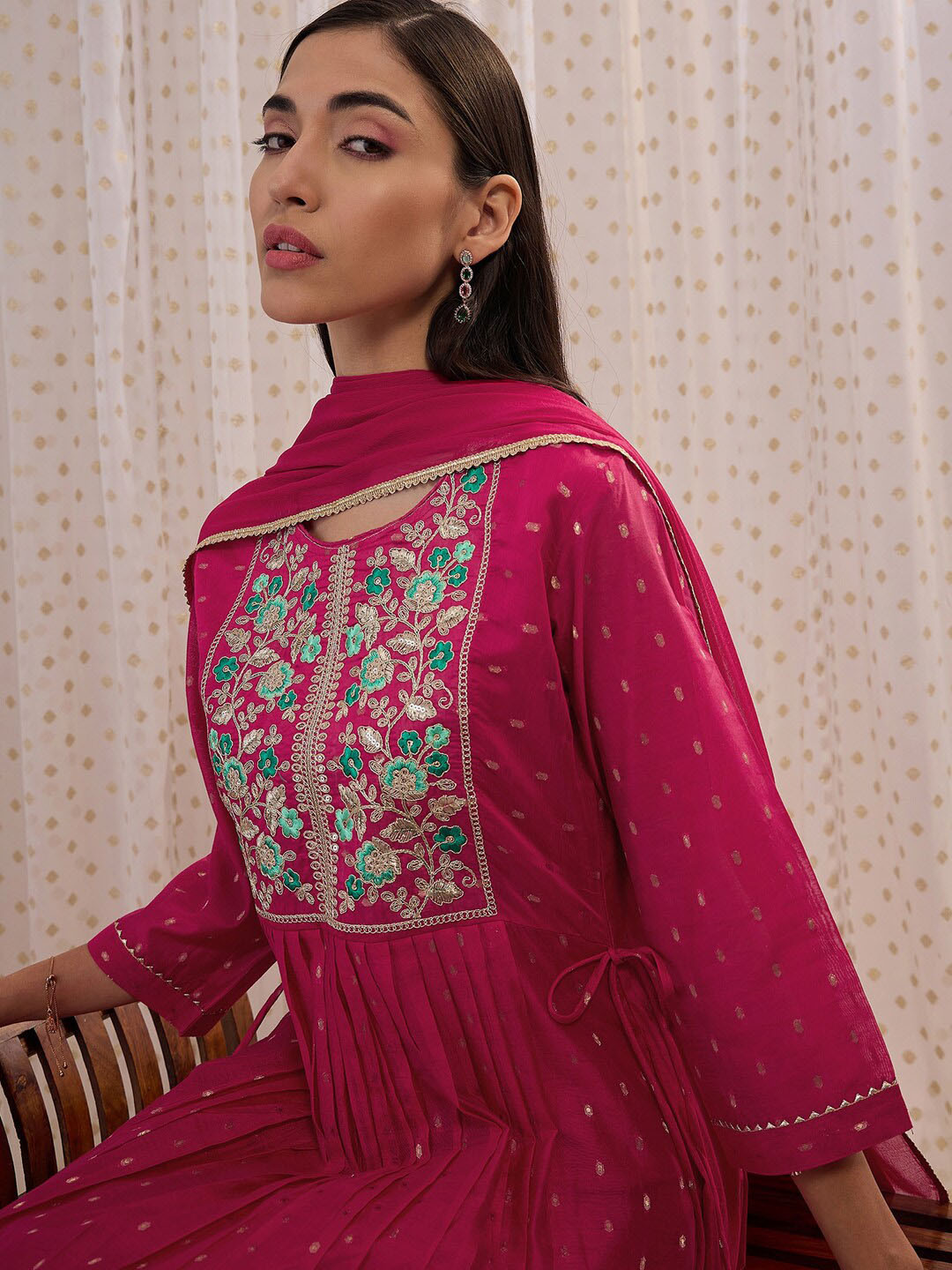 

Indo Era Floral Embroidered A-Line Kurta with Trousers & Dupatta, Pink